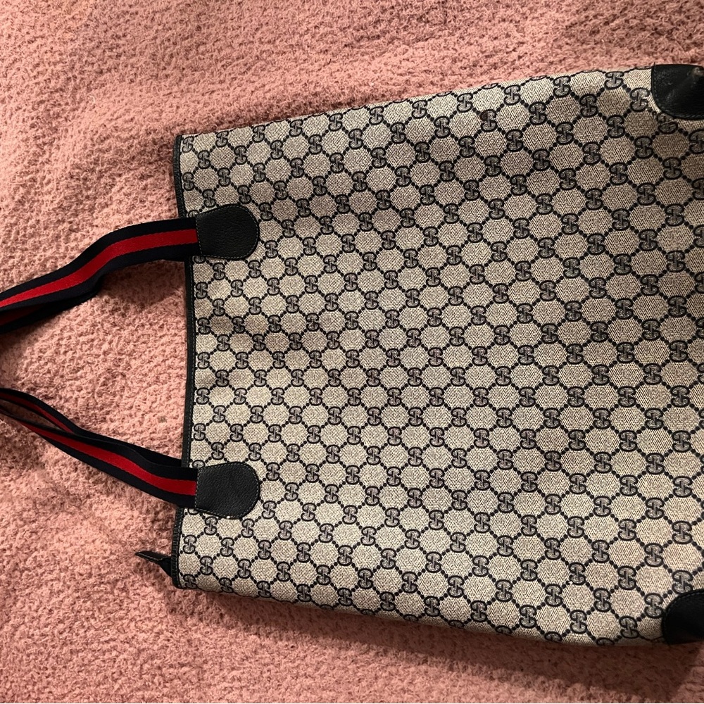 Authentic Vintage Gucci Sherry Tote Bag Blue & Red leather